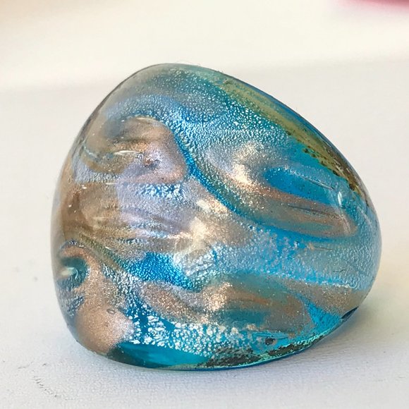 Murano Style Glass Dome Cocktail Ring Size 7 Aqua Blue Metallic - Picture 6 of 12